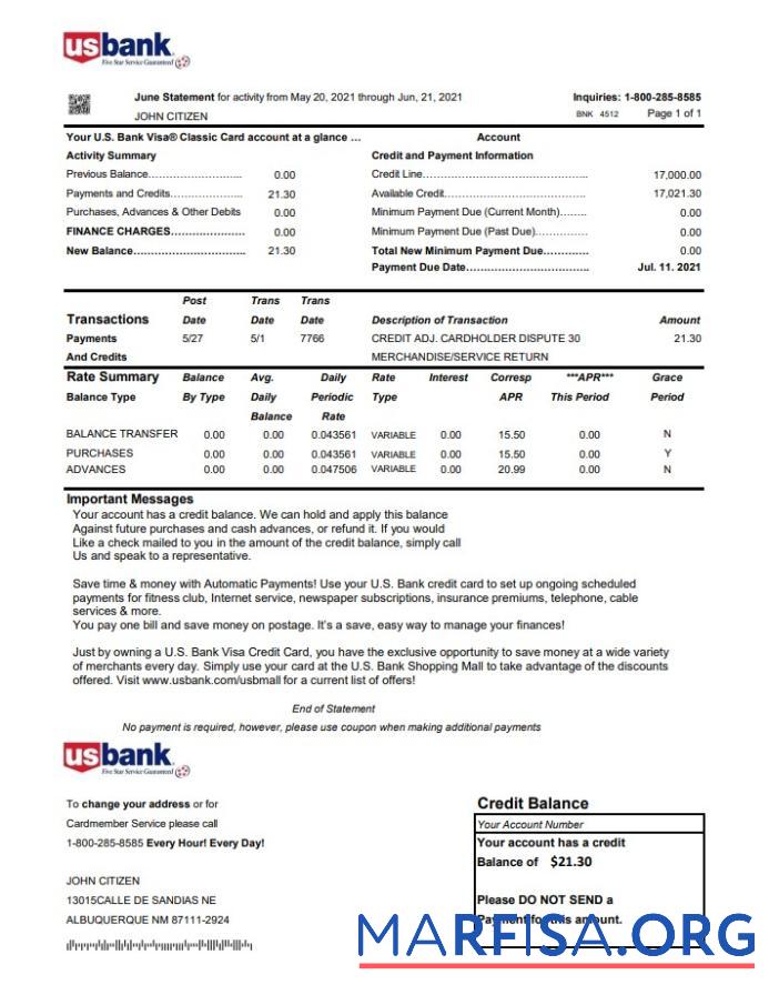 Printable USA U.S. bank credit card statement excel template